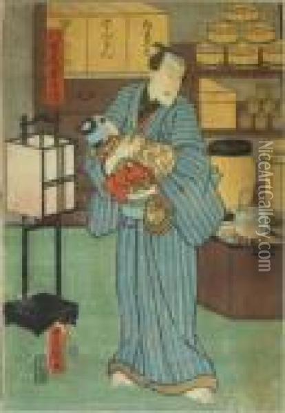 Kunisada, Utagawa. Yaoya Hanbei Wiegt Seinen Sohn, Japan Oil Painting - Kunisada