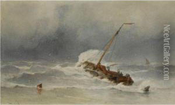 A Barge In Stormy Weather Oil Painting - Jacob Eduard Van Heemskerck Van Beest