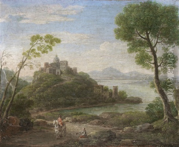 A Traveller And A Beggar In An Open Landscape, With A Walled City In The Distance (+ A Shepherd Grazing Cattle In An Open Coastal Landscape, With A Classical Temple On A Hilltop; Pair) Oil Painting - Hendrick Frans van Lint
