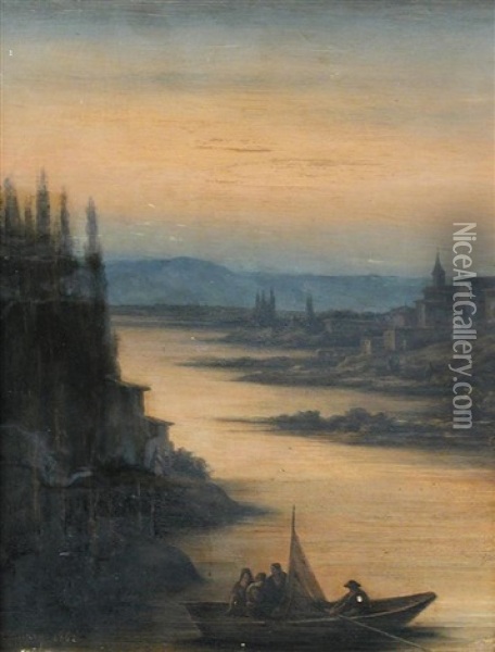 Rowers On The Rhine, A Town Beyond Oil Painting - Claude Soulary