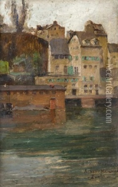 Zurich: Les Quais De La Limmat Au Niveau De Lindenhof Et De Schipfe Oil Painting - Albert (Pierre Rene) Maignan