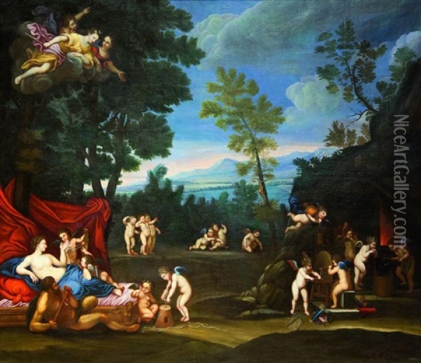 Les Nymphes De Diane Desarmant Les Amours Endormis Et Venus A La Forge De Vulcain (pair) Oil Painting - Francesco Albani