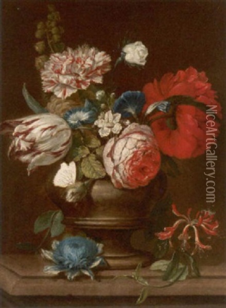 Blumenstilleben Mit Schmetterling, Rosen, Tulpen, Nelken Und Andere Gartenblumen In Einer Vase Oil Painting - Cornelis Verelst