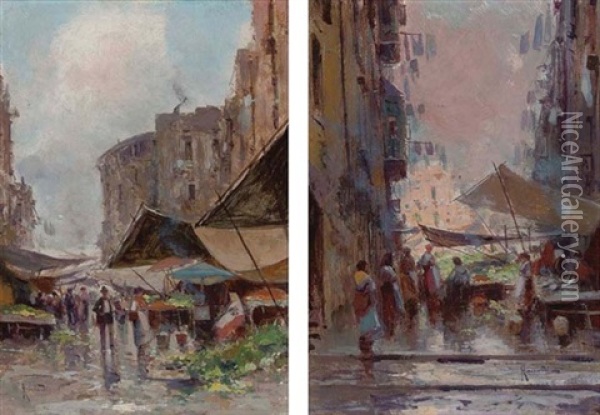 A Neapolitan Market (+ Another, Similar; Pair) Oil Painting - Oscar Ricciardi