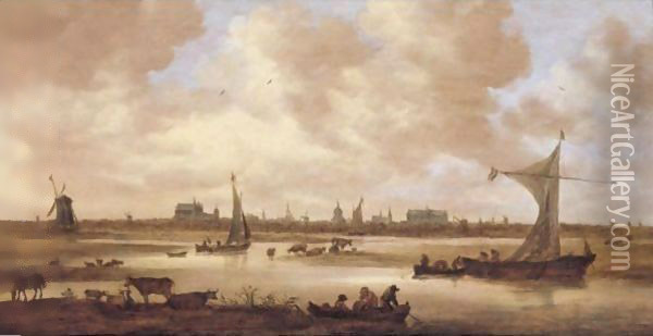 A View Of Leiden From The North, With Cattle Grazing In The Foreground Oil Painting - Jan van Goyen