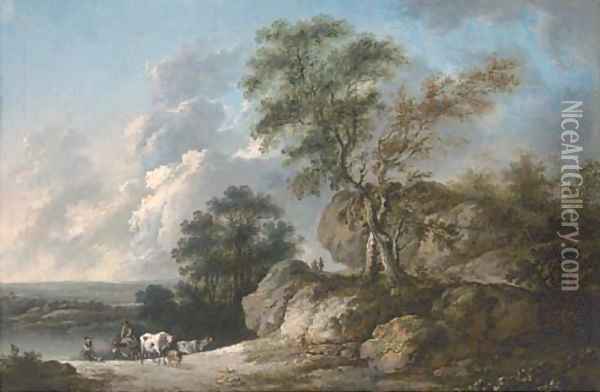 A rocky wooded river landscape with drovers and their cattle in the foreground Oil Painting - Jean-Baptiste Pillement