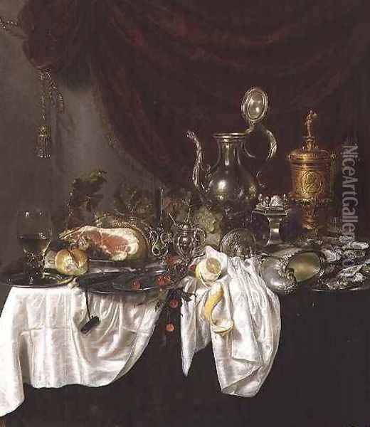 Still life with a ham overturned nautilus cup and oysters on a draped table Oil Painting - G.W. & Ring, P. de Heda