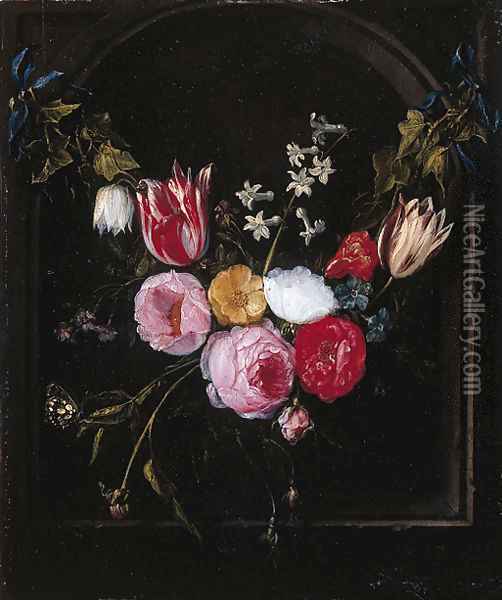A swag of roses, tulips, an anemone and other flowers with a butterfly at a feigned stone niche Oil Painting - Jan van Kessel