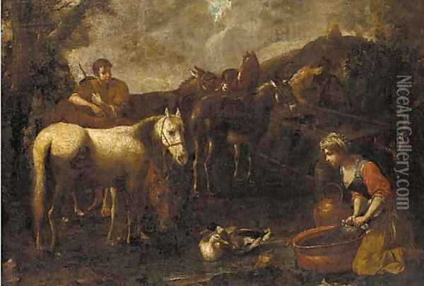 A drover with horses and donkeys stopped at a watering trough, a washerwoman kneeling nearby Oil Painting - Tommaso Salini (Mao)