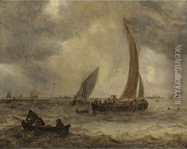 An Estuary Scene With Multiple Boats Oil Painting - Jan van Goyen