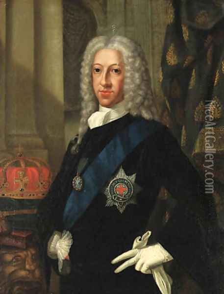 Portrait of the Old Pretender (1688-1766), half-length, in a blue coat and white jabot, wearing the Order of the Garter Oil Painting - Cosmo Alexander