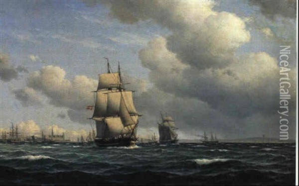 Marine Med Mange Skibe I Oresund Ud For Kronborg Oil Painting - Carl Emil Baagoe