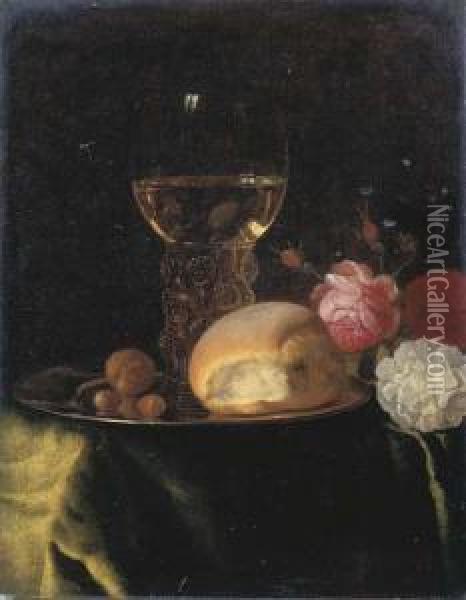A Roemer Of White Wine, A Bread 
Roll And Nuts On A Silver Plate,together With Roses On A Green-draped 
Table Oil Painting - Simon Luttichuys