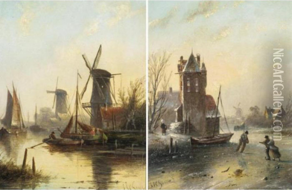 Skaters On A Frozen River; Sail Barges At Dusk Oil Painting - Jan Jacob Coenraad Spohler
