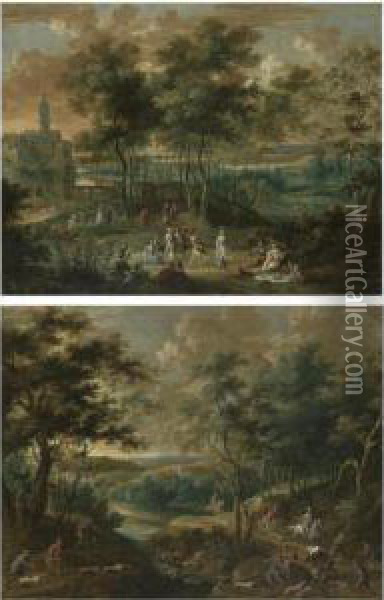 Elegant Figures Picnicking And 
Making Music In A Park Landscape, A Castle Beyond; A Wooded River 
Landscape With A Hunting Party, A Hound Attacking A Bull Oil Painting - Jasper van der Lanen