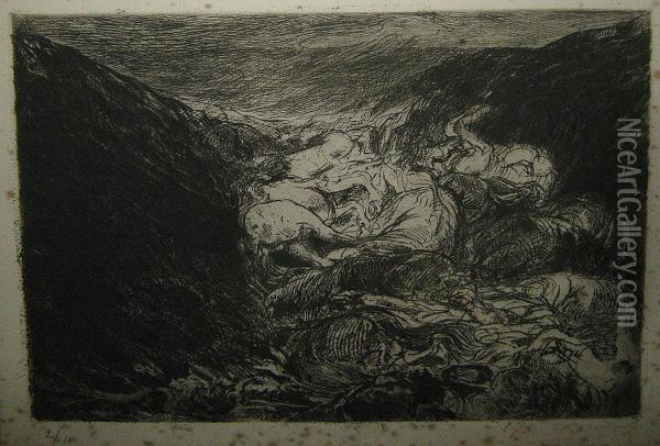 Dode Paarden In Loopgraven. Oil Painting - Henri Jules Charles De Groux