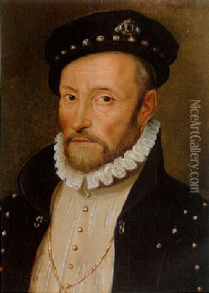 Portrait Of Le Grand Ecuyer Gouffier, Small Bust-length, In A Doublet And Jewelled Coat And Cap Oil Painting - Jean (Jehannet) Clouet