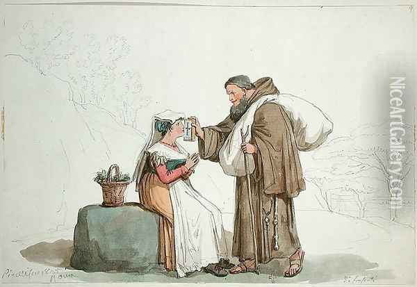 Monk offering a reliquary for a woman to kiss in Frascati, 1825 Oil Painting - Bartolomeo Pinelli