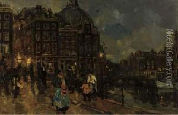 Avondstemming: On The Bridge By The Nieuwedijk And Singel, Amsterdam Oil Painting - Frans Langeveld