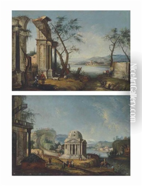 A Capriccio Of Classical Ruins With Travellers And Goats By A River, A Town Beyond; And An Architectural Capriccio With A Temple And Elegantly Dressed Figures By A River Oil Painting - Michele Marieschi