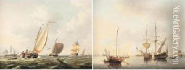 A Dutch Schuyt And Other 
Shipping In A Still Breeze; A Collier And A Fishing Boat In A Calm Sea Oil Painting - John the Younger Cleveley