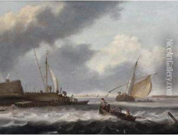 Shipping In Choppy Waters Near A Quay Oil Painting - Simon De Vlieger