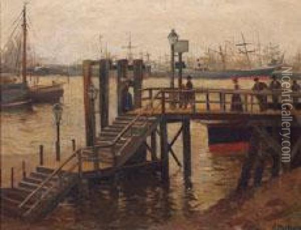 Landungsbrucke Mit Figuren Im Hamburger Hafen Oil Painting - Arthur Paetzold