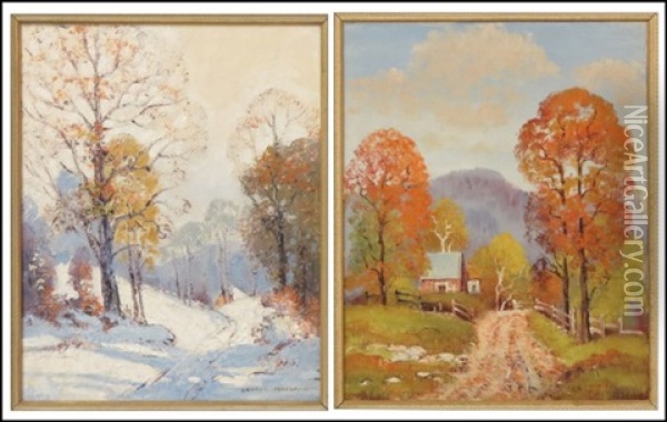 Winter Landscape And Barn In Autumn (2 Works) Oil Painting - Ernest Fredericks