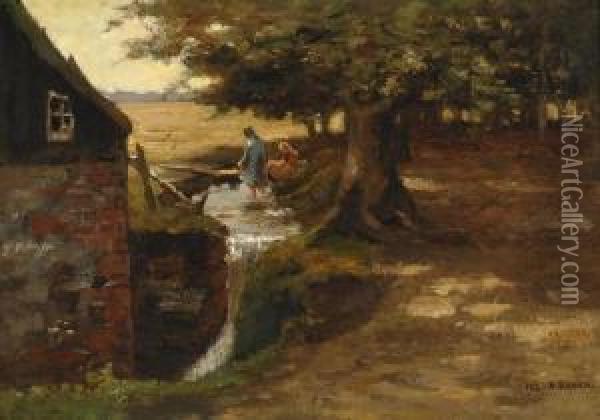 Playing Children In A Stream Oil Painting - Wijnand Bastiaan Van Horssen Rijswijk