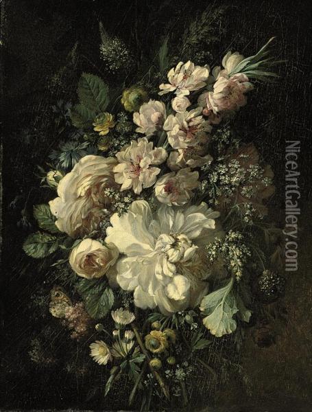 A Butterfly, Roses, Daisies And Other Wildflowers Oil Painting - Pierre-Toussaint Dechazelle