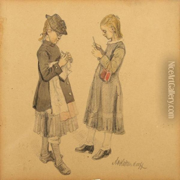 Two Girls Knitting Oil Painting - Johann Adolf Kittendorff