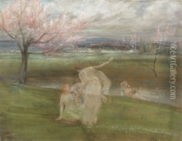 Nymphs On The Banks Of The Pond Oil Painting - Constant Montald