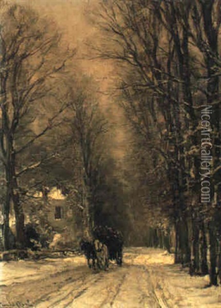 A Wood Transport On A Snowy Path In A Forest Oil Painting - Louis Apol