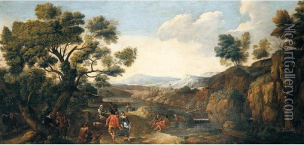 Italianate Landscape With Peasants Dancing Beside A River Oil Painting - Crescenzio Onofri