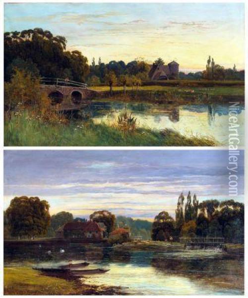 Thames River Views: One With Watermill, Figures Fishing Oil Painting - Theodore Hines
