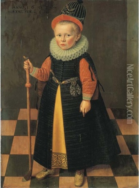 Portrait Of A Young Boy, Aged Three Years Old, Full-length, In A Yellow Petticoat, A Pink Slashed Doublet And An Embroidered Black Tunic... Oil Painting - Adriaen van der Linde