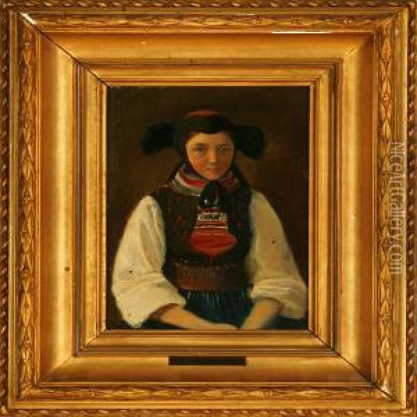 A Young Girl In Anational Costume Portraied En Face Oil Painting - Julius Friedlaender