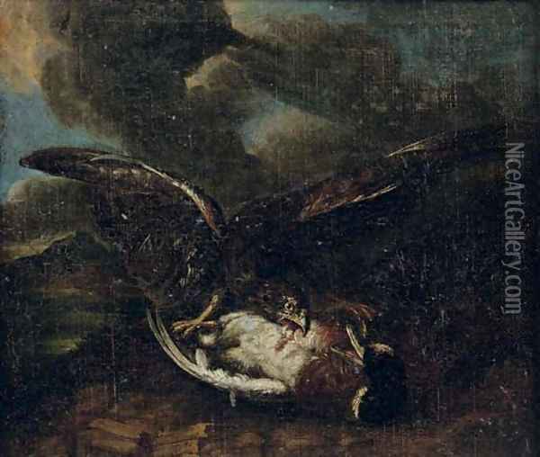 A bird of prey attacking a duck Oil Painting - Abraham Hondius