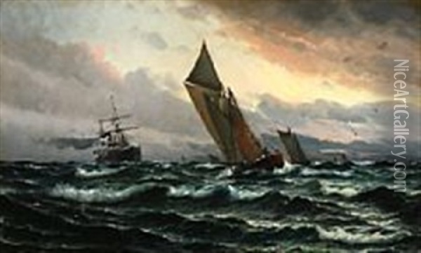 Seascape With Sailing Ships In High Waves Oil Painting - Vilhelm Victor Bille