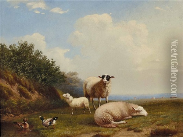 Schafe Und Enten Auf Der Wiese Oil Painting - Joseph Van Dieghem