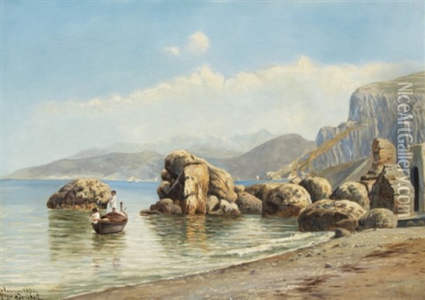 Scenery From The Gulf Of Naples With Boys Fishing Oil Painting - Holger Hvitfeldt Jerichau
