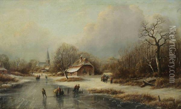 Hollands Rivierlandschap In De Winter Met Schaatsers En Figuren Bij Dorp Oil Painting - Cornelis Lieste