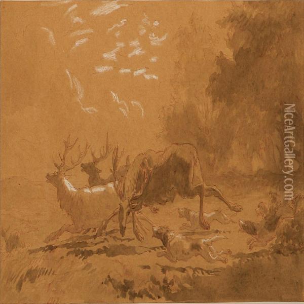 Hunting Dogs And Fleeing Elks Oil Painting - Lorenz Frolich