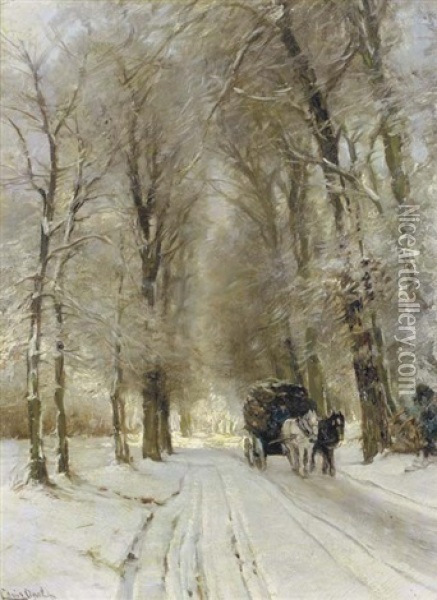 A Horse Drawn Cart On A Snow Covered Forest Track Oil Painting - Louis Apol