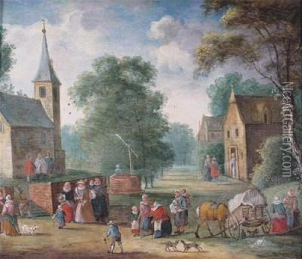 A Village Scene With Figures By A Horse And Cart, A Well And A Church Beyond Oil Painting - Jan Breughel