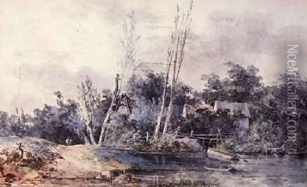 Cottages and willow by a stream with figures Oil Painting - Louis-Gabriel Moreau the Elder