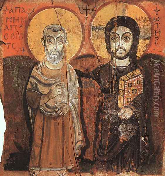 Christ and the Abbot Mena (from the Monastery of Baouit) (6th-7th century A.D.) Oil Painting - Egyptian Unknown Masters