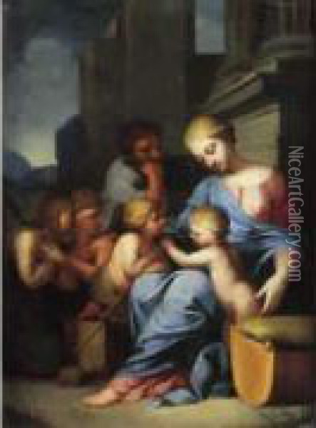 La Sainte Famille Entouree De Saint Jean-baptiste Enfant Et Deux Anges Oil Painting - Lubin Baugin