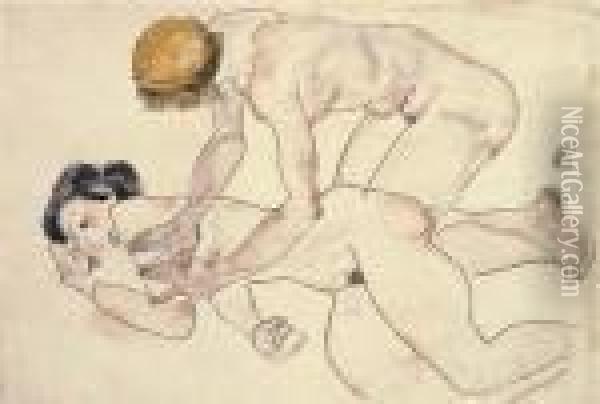 Zwei Frauenakte, Liegend Und Kniend (die Freundinnen) Oil Painting - Egon Schiele