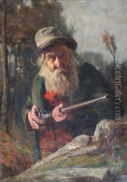 Old Farmer With Shotgun Oil Painting - J. Hamilton